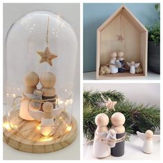 there are three different christmas decorations in this collage, including a snow globe and nativity figurines