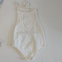 White Knitted Romper. New With Tags White Knit Sweater For Playtime, White Knitted Sweater For Playtime, Playful White Knitted Top, Playful White Knit Top, White Playful Knit Top, White Knit Playful Tops, White Spring Sweater For Playtime, White Casual Spring Sweater For Playtime, Fitted White Knit Knitting Pattern