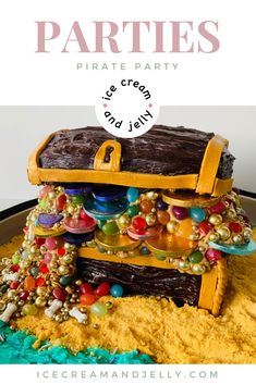 A pirates treasure chest birthday cake with lots of sweets and gold chocolate coins tumbling out Treasure Chest Birthday Cake, Treasure Map Cake, Pirates Treasure Chest, Treasure Chest Cake, Pirate Birthday Cake, Pirates Treasure, Chocolate Birthday Cake, Pirate Gifts