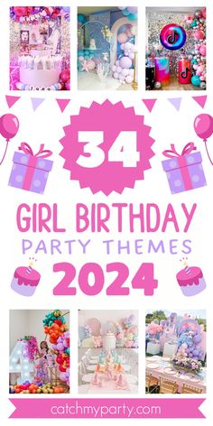 the birthday party is decorated with pink and blue balloons, gifts, and other decorations