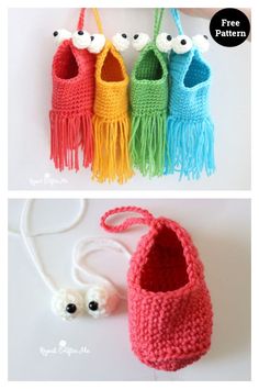 three crocheted purses with eyes on them