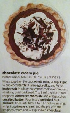 the recipe for chocolate cream pie is shown in an advertisement with instructions on how to make it