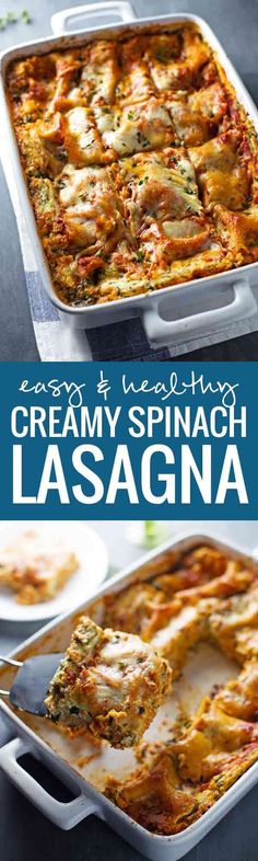 creamy spinach lasagna in a white casserole dish with text overlay