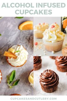 the collage shows different cupcakes with frosting and orange slices on them