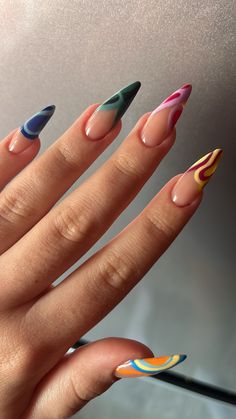 Oval Nails Colorful, Abstract Nail Art Almond Shape, Almond Junk Nails, Every Nail Different Design, Unique Almond Nails, Graphic Nail Designs, Almond Nails Black Women, Abstract Art Nails