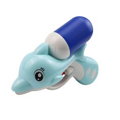 a blue and white toy elephant with a bottle on it's back end, in front of a white background