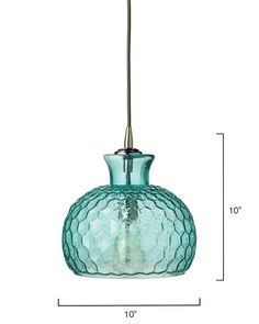 a blue glass hanging light with measurements