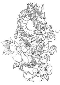 a dragon and flowers tattoo design