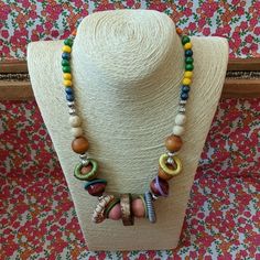 Multicolored Beaded Necklace With Unique Ring Accents. Handmade By Me, One Of A Kind. Artisan Yellow Necklaces With Wooden Beads, Artisan Yellow Necklace With Wooden Beads, Unique Multicolor Wooden Beads, Multicolor Wooden Beads, Artisan Yellow Beaded Necklace With Wooden Beads, Colorful Wooden Beaded Necklaces, Artisan Multicolor Wooden Beaded Necklaces, Artisan Multicolor Wooden Beads Necklace, Yellow Wooden Beads For Jewelry Making