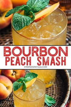 bourbon peach smash with mint garnish and fresh peaches on the rims