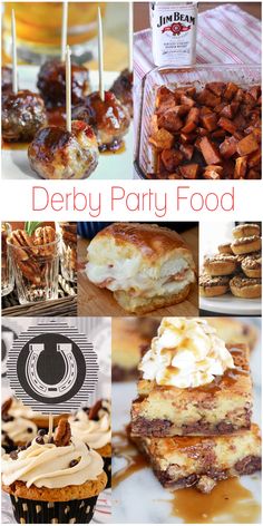 derby party food including desserts, pastries and cupcakes are shown in this collage