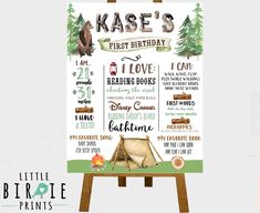 a sign that says kase's first birthday with camping related items on it