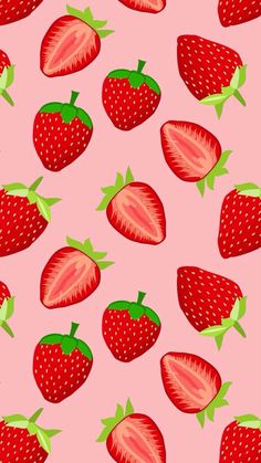 a pink background with red strawberries and green leaves on it's sides is shown