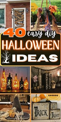 the words 40 easy diy halloween ideas are displayed in front of pumpkins and other decorations