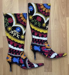 "Edoche Turkish Rare Find  Velvet Floral Embroidered Colorful Boots  Women 36 (US 6)  Made In Turkey  It's 17\" in height / 3\" Heel  Leather Bottom, Zipper Closure, Black Interior Lining  Condition is Used. They show signs of normal wear. Please use your camera zoom option, to view all the details. Overall, they are in very good condition." Traditional Embroidered Boots For Spring, Multicolor Embroidered Boots, Traditional Multicolor Embroidered Boots, Spring Floral Embroidered Multicolor Boots, Traditional Fitted Boots With Floral Embroidery, Traditional Spring Boots, Traditional Fitted Boots For Spring, Winter Snow Boots, Black Interior