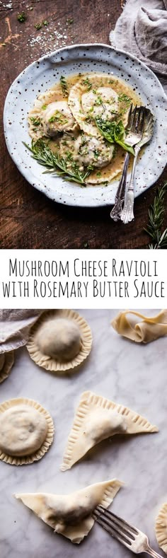 mushroom cheese ravioli with rosemary butter sauce on a white platter and silverware