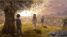 two children standing next to a tree looking at the sky and buildings in the distance