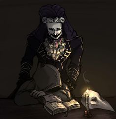 a creepy clown sitting on the floor next to an open book with a candle in front of it