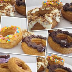 several different pictures of donuts with frosting and sprinkles