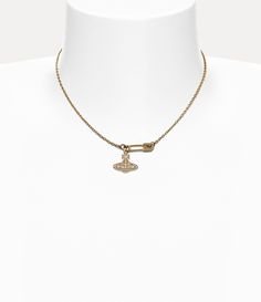 Lucrece Pendant Necklace in GOLD-White-CZ | Vivienne Westwood® Punk Inspiration, Gold Pendant Necklace, Safety Pin, Vivienne Westwood, Chain Lengths, Gold Pendant, Gold Tones, Pendant Necklace, Crystals