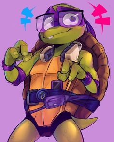 a drawing of a turtle with goggles on and holding something in one hand while wearing a purple helmet