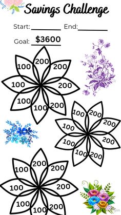 an image of flowers with the words savings challenge on it and numbers for each flower