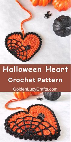 two crocheted heart shaped pumpkins with the words halloween heart on top and below