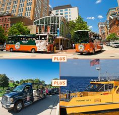 three different pictures of buses and boats on the water in front of buildings, along with an american flag