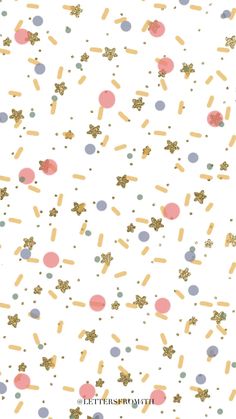 a white background with gold and pink confetti on the bottom, stars in the middle