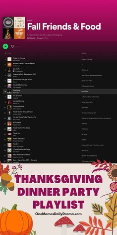 the thanksgiving dinner party playlist is shown in purple and orange colors, with an image of