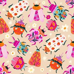 colorful bugs and flowers on a pink background