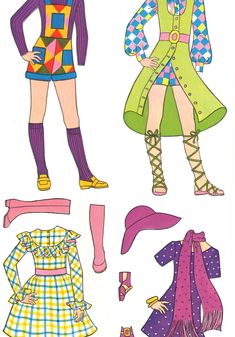 four paper dolls with different outfits and hats