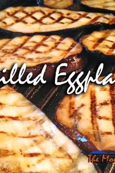 grilled steaks are cooking on the grill with text overlay that reads grilled espresso