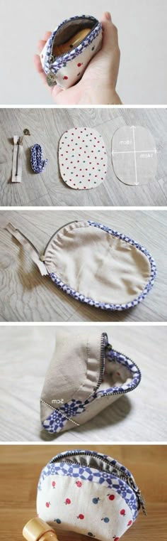 three pictures showing how to make a coin purse with fabric and wood pegs on the side