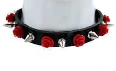 RED ROSE SPIKE CHOKER: Red Rose and Spike Leather Choker Necklace: Jewelry Red Choker Necklace, Spike Choker, Spiked Choker, Womens Fasion, Red Choker, Rose Choker, Necklaces Choker, Gothic Chokers, Necklace Gothic