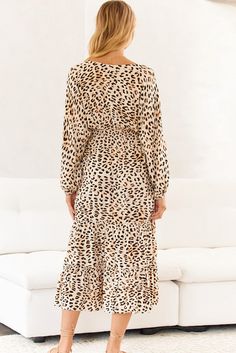 Animal Print Leopard V Neck Smocked Waist Long Dress with Ruffle Hem Fall Tiered Dress With Smocked Cuffs, Fall Midi Dress With Billowy Ruffle Hem, Billowy Long Sleeve Midi Dress With Ruffle Hem, Casual Smocked Maxi Dress For Fall, Casual Maxi Dress With Elastic Sleeves For Fall, Casual Fall Maxi Dress With Elastic Sleeves, Fall Vacation Maxi Dress With Ruffle Hem, Spring Leopard Print Ruched Dress, Leopard Print Ruched Dress For Spring