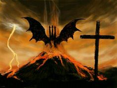 a cross and a bat on top of a mountain with lightning in the sky behind it