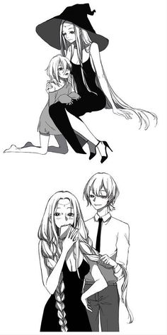 two anime characters, one with long hair and the other wearing a black dress while sitting on