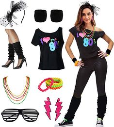 a woman is dressed up in costume and accessories for the 80's or 90's