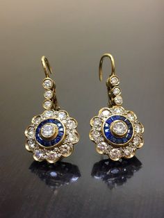 18K Yellow Gold Art Deco Sapphire Diamond Earrings - Art Deco 18K Gold Halo Sapphire Diamond Drop Ea Sapphire Diamond Earrings, Large Gold Earrings, Sapphire And Diamond Earrings, Bridal Earrings Drop, Indian Jewellery Design Earrings, Vintage Sapphire, Earrings Art, Gold Art Deco, Jewelry Design Earrings