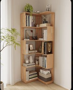 a corner book shelf with several books on top of it and a potted plant in the corner