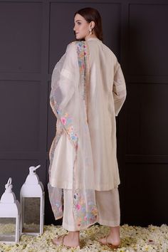 White chanderi kurta with thread embroidered borders. Comes with pant and an organza dupatta. - Aza Fashions Traditional Cotton Silk Palazzo Set With Embroidered Border, Traditional Cotton Silk Sharara With Embroidered Border, Unstitched Slub Silk Kurta With Embroidered Border, Tussar Silk Kurta With Embroidered Border For Eid, Bollywood Style Tussar Silk Palazzo Set With Embroidered Border, Eid Tussar Silk Kurta With Embroidered Border, Diwali Tussar Silk Palazzo Set With Embroidered Border, Traditional Drape Sharara With Embroidered Border, Unstitched Slub Silk Suit With Embroidered Border