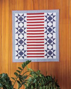 a red white and blue quilt hanging on a wooden wall next to a potted plant