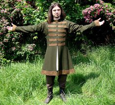 Viking coat for man is the basic outfit for a Scandinavian or Varangian warrior in the Early Middle Ages. It's made on the basis of finds from Birka - Swedish trade centre. It has two wedges on the sides and one on the back, making the circuit on the bottom bigger. Slightly tapered sleeves are sewn at right angles, with square underarm wedges, so they do not constrict movement. The coat has a machine stitching (invisible), and all visible stitching have been made manually. The coat is made of a Medieval Style Outerwear With Historical Design For Costume, Medieval Style Outerwear For Costume With Historical Design, Medieval Style Historical Outerwear Costume, Medieval Style Historical Design Costume Outerwear, Viking Style Outerwear Costume For Fall, Viking Costume Outerwear For Fall, Viking Style Fall Costume Outerwear, Viking Style Long Sleeve Outerwear For Larp, Medieval Festival Costume Outerwear With Historical Design