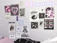 a bedroom with posters on the wall and pictures on the wall above it that say,'14 swatches '