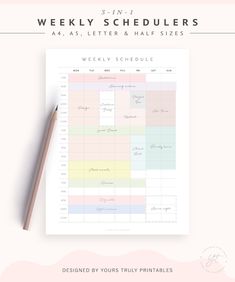 the printable weekly planner is shown on top of a table with a pen and pencil