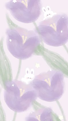 purple tulips with ghost faces and stars in the middle on a pink background