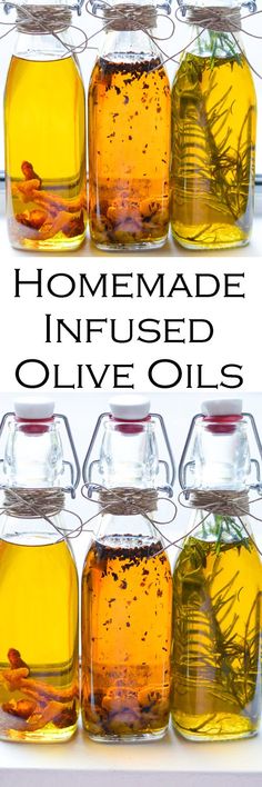 jars filled with homemade infused olive oil and herbs are shown in front of the words diy gift homemade infused olive oils