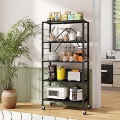 a kitchen area with a microwave, potted plant and other items on the shelf