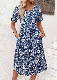 Color:Navy;Size:S;Size:M;Size:L;Size:XL;Size:XXL;Package Contents:1 X Dress;Occasion:Other;Style:Bohemian; Elegant Cotton Dress, Bohemian Floral Dress, Round Neck Dresses, Vestido Casual, Blue Midi Dress, Basic Outfits, Mongolia, Types Of Dresses, Ruched Dress